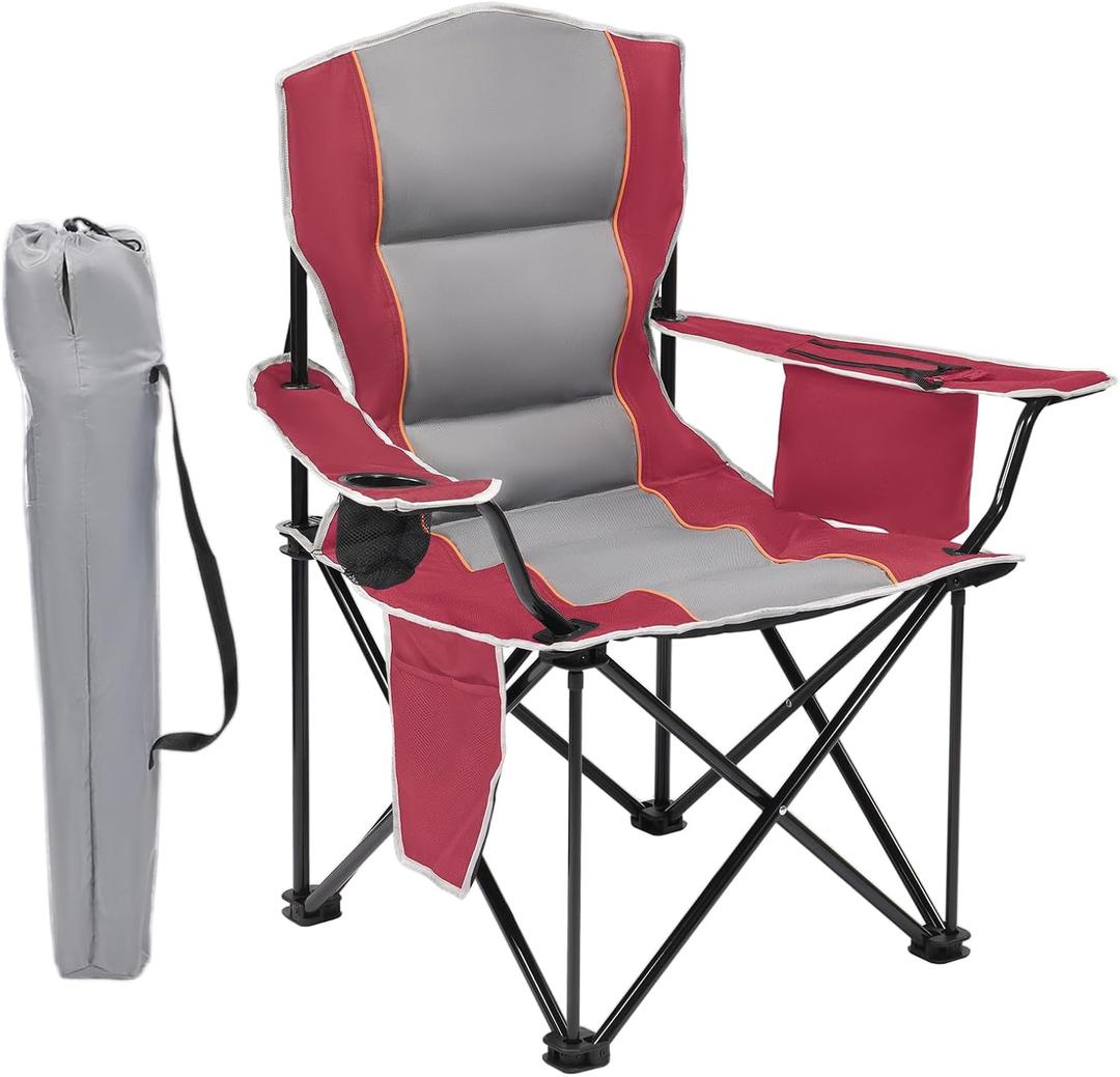 XMT Premium Padded Folding Chair, Extra Wide & Heavy Duty 450lbs Capacity, Portable Camping Chair with Insulated Cooler, Cup Holder & Storage, Compact Foldable for Outdoor, Beach, Picnics (Red)