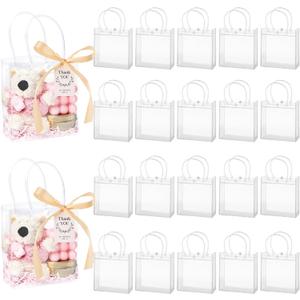 Mauproy 50 Pack Clear Gift Bags with Handles, Party Favor Bags with Ribbons and Tags, Reusable Goodie Tote Bags for Mother's Day Wedding Baby Shower (5.9 x 6.3 x 2.8")