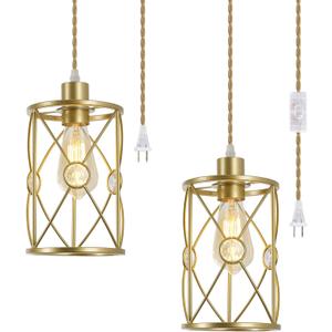 Plug in Industrial 2 Pack Farmhouse Pendant Light, Mini Cage Pendant Lighting in Gold Finish with Crystal, Adjustable Length Hanging Light Fixture for Hallway, Bedroom, Living Room, Kitchen