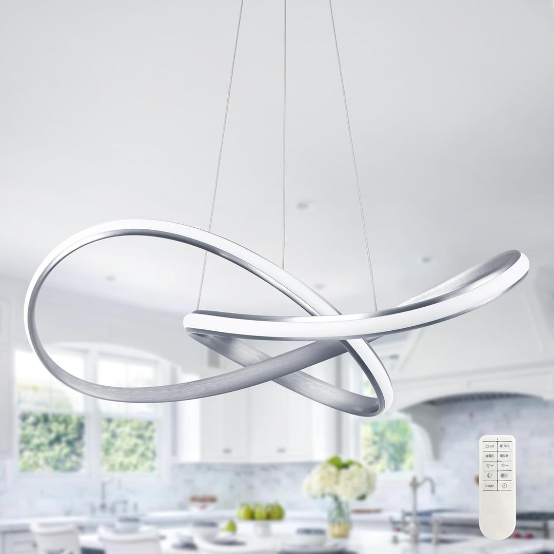 Modern LED Pendant Light Fixture Contemporary Ring Chandelier Nickel with 3000K-6000K Dimmable Remote Control and 79in Height Adjustable for Foyer Living Room Bedroom Dining Room