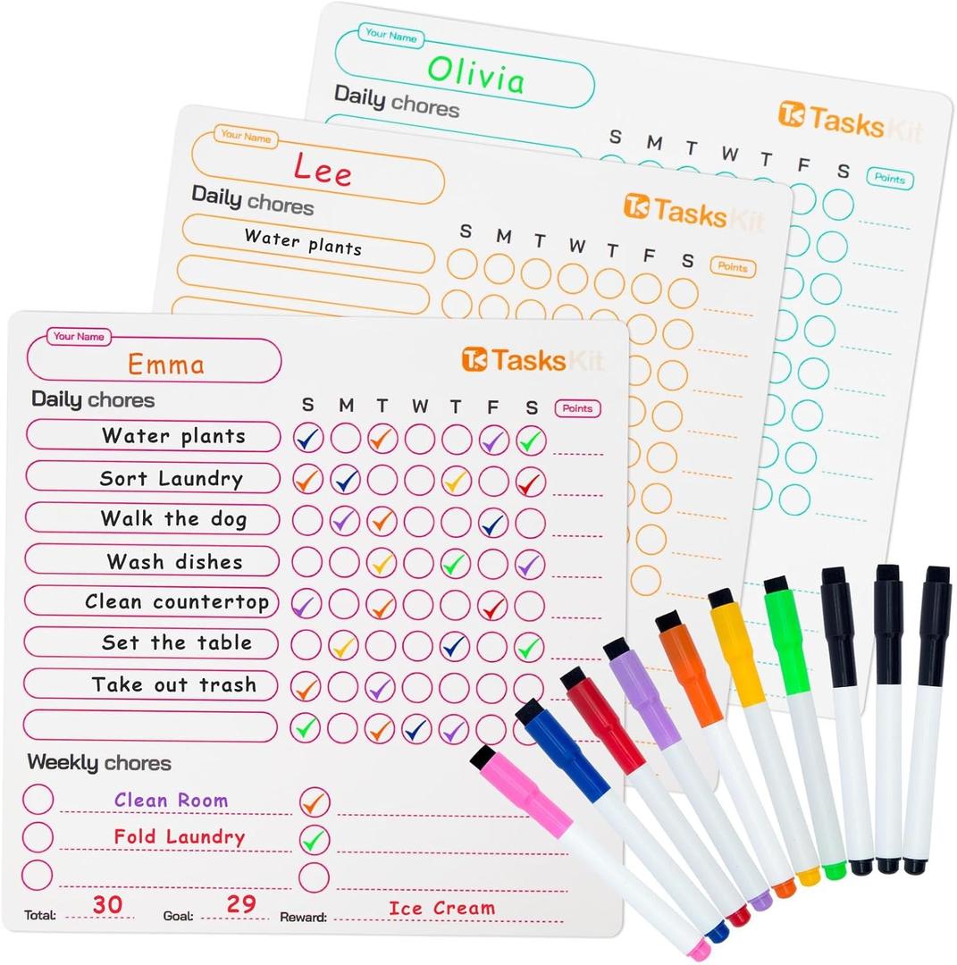 Magnetic Chore Chart for Refrigerator 10 x 10 Pack of 3 Fridge Boards, Weekly Reward and Responsibility Chart with 10 Colorful Markers for Multiple Kids and Families