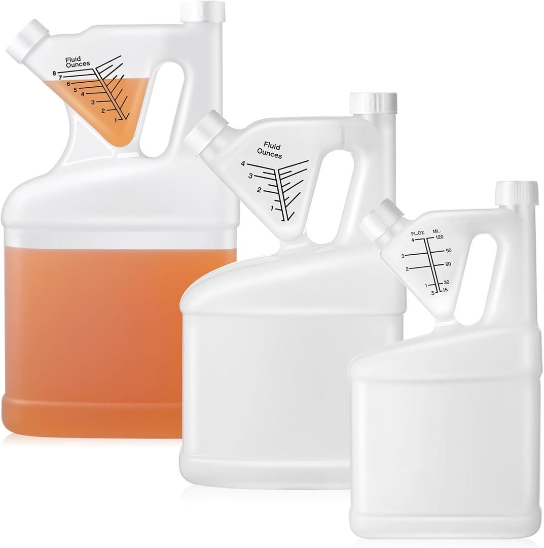 3 Pcs 32oz 64oz 128oz Tip and Pour Measuring Containers HDPE Plastic Bottle No Extra Measuring Cup with up to 4oz 8oz Capacity Reusable Needed for Chemical Fuel Motor Engine Oil Family Class 