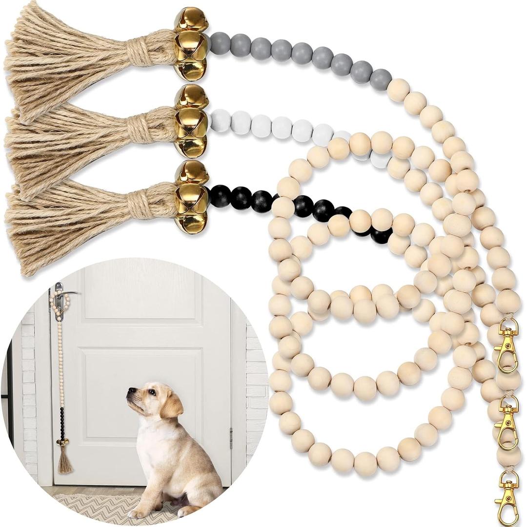 Jexine 3 Pcs Dog Bell for Door Potty Training Adjustable Wooden Beads Hanging Dog Door Bells for Puppy Training Doorbells to Ring to Go Outside Pet Supplies, Black, Gray, White