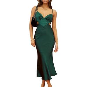 Women's Fall Satin Backless Maxi Dress Silk Cut Out V Neck Slip Tie Back Formal Cocktail Midi Dresses for Wedding Guest, Size M