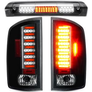 LED Tail Light + 3rd Third Brake Light Fit for Dodge Ram 1500 2002-2006, for Dodge Ram 2500 3500 2003-2006, Taillight Assembly and High Mount Stop Light, 3 Pcs, Chrome Housing Clear Lens