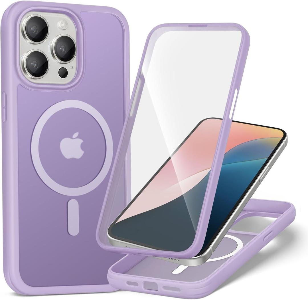 XcaseBar for iPhone 15 Pro Case,Full-Body Rugged Case with Built-in Anti-Scratch Tempered Glass Screen Protector,Compatible with MagSafe, Men Women Shockproof Protective Cover Amethyst Color