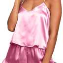 CHYRII Women's Sexy Silk Satin Ruffled Pajamas Sets Cami Shorts Sets Sleepwear (Baby Pink)