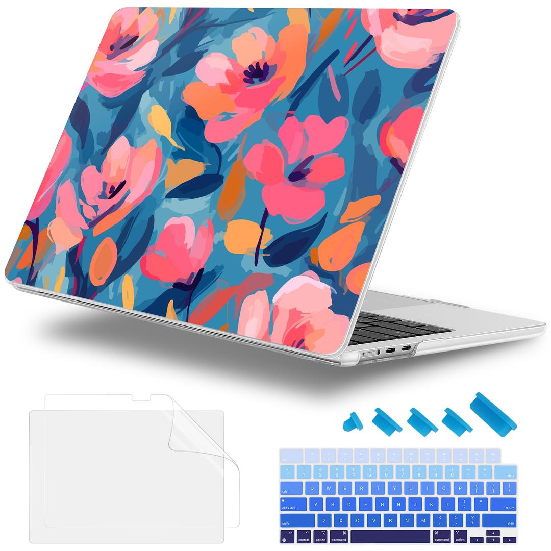 Case for MacBook Air 15 Inch 2026-2023 Release M5 A3448 M4 A3241 M3 A3114 M2 A2941, Hard Shell with Screen Protector & Keyboard Cover, Compatible with Touch ID, Flowers Print