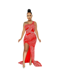 Women One Shoulder Rhinestones Dress Sexy Nightclub Single Sling Split Long Dress, Small