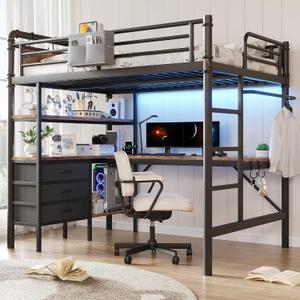Full Size Loft Bed with L-Shaped Desk, LED Lights,Charging Station, Industrial Heavy Duty Metal Loft Bed Frame with 3 Storage Shelves and 3 Fabric Drawers, Safety Guard & Ladder, Vintage Brown