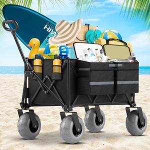 Heavy Duty Beach Wagon with 9" Big Wheels for Sand - 450lbs Load Foldable Wagon with Adjustable Handle & Cooler Bag, Collapsible Beach Cart for Shopping Garden Sports Camping Outdoor