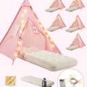 6 Pack Teepee Tent for Kids with Inflatable Airbed, Light, Toddler Tent Children Room Tents, Slumber Party Sleepover Tents, Indoor Outdoor Kids Playtent Playhouse for Girls & Boys (Pink)