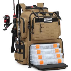 Tactical Fishing Backpack with Tackle Boxes, Rod Holders & Bottle Holder, 50 L Large Insulated Fishing Tackle Box Backpack with Cooler, Fishing Bag Store Gear & Equipment, 900 D Oxford, Brown