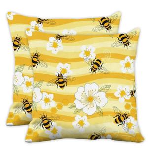 Buxainnsg Cute bee Pillow Covers 18x18 in Yellow Striped Pillow Covers 18x18 Set of 2 Farmhouse Cartoon Summer White Floral Pillows Cover Rustic Spring Flower Pillows Cover Decor for Couch Sofa