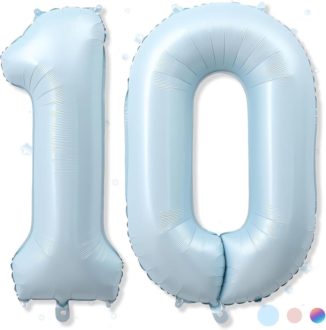 40 Inch 10 Balloon Number, Large Pastel Matte Baby Blue Foil Number 10 Balloons Birthday Party Decor, Light Powder Blue Helium Mylar Self Inflating Balloon for Boy 10th Birthday Anniversary Decoration