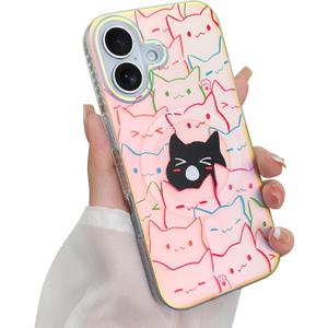 Cute Case for iPhone 17 Case for Women Girls Boys [ Compatible with Magsafe ] Iridescent and Black Cats Cat Pattern Design, Kawaii Colorful Animal Soft Bumper Protective Phone Cover