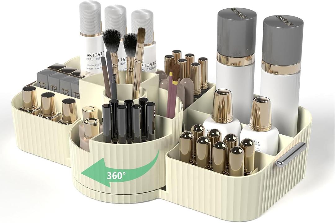 Rotating Makeup Organizer Cosmetic Display Case, Used for Vanity Makeup Brushes, Lipstick, Perfume and Various Skin Care Products - Spacious and Fashionable Storage Solution (Creamy White)