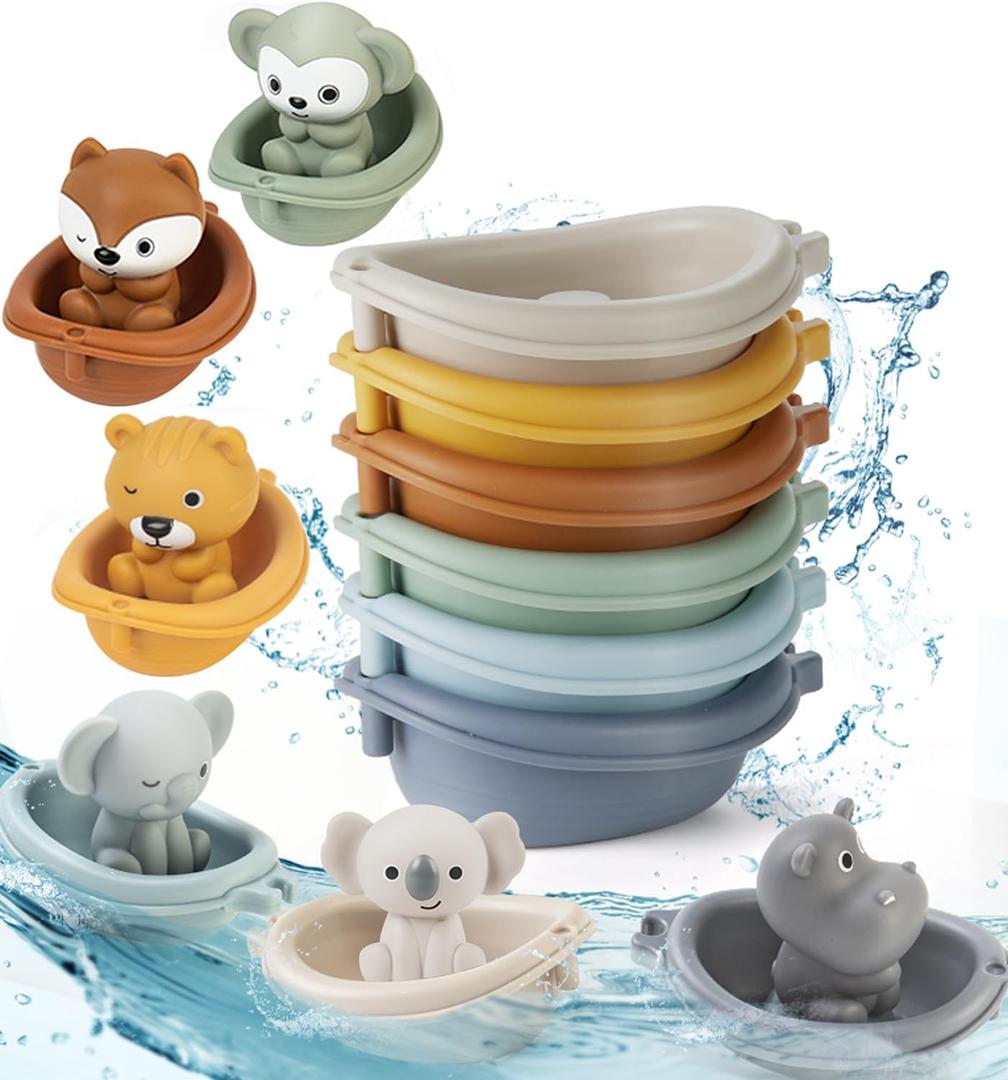 Baby Bath Toy Stackable Infant Bathtub Toys Stacking Floating Boat Train with Animal Finger Puppets Bath Toy Silicone Hand Puppet Educational Beach Toys for Babies Toddlers Party Favors