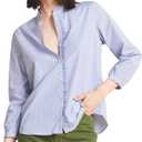 Womens Blue White Stripe Button Down Shirt Long Sleeve Standup Collar Blouse Dressy Business Casual Tops with Ruffle Details (XL)