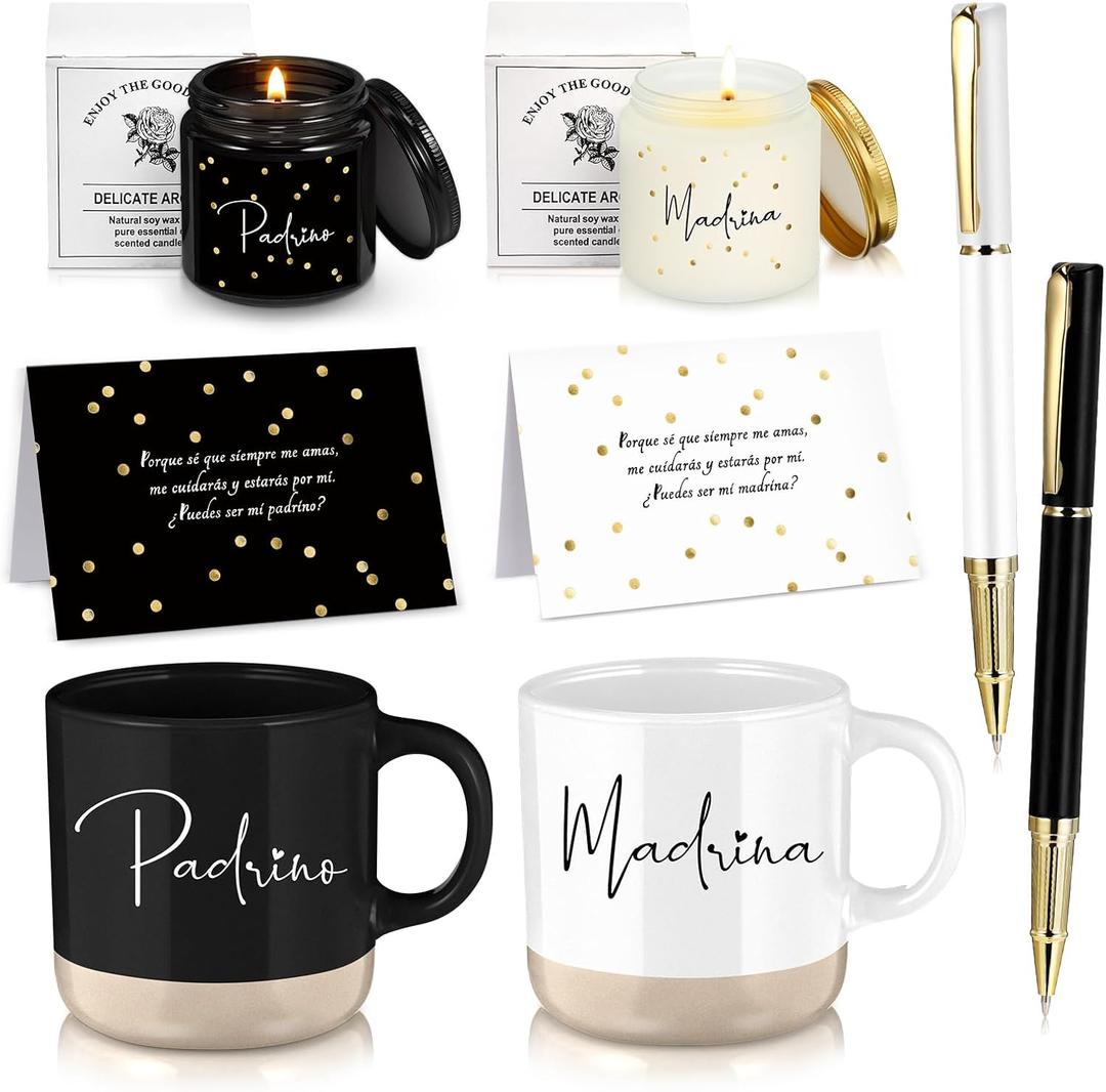 Baderke 2 Set 8 Pcs Godparents Proposal Gift Madrina Padrino Mug Will You Be My Godparents from Godchild Card Scented Candle Jar Ballpoint Pen Easter Baptism Gift for Godmother Godfather(Spanish)