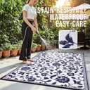 OLANLY Waterproof Outdoor Rug 8x10 ft, Outdoor Plastic Straw Rug with Flower Pattern, Reversible RV Mat for Patio, Camping, Balcony, Deck, Backyard, Navy & White
