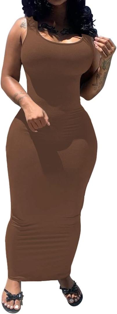 PINSV Women's Sexy Bodycon Tank Dress Basic Sleeveless Long Maxi Dresses Party Club Beach Sundresses (Large) Coffee