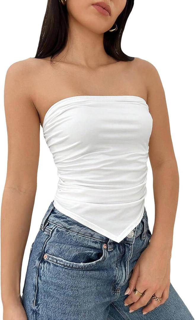 SweatyRocks Women's Asymmetrical Hem Slim Fit Tube Tops Strapless Sleeveless Crop Top (White, L)