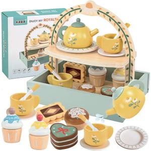 Wooden Tea Party Set for Little Girls,Kids Tea Set with Cookies & Cake Stand, Play Kitchen Accessories Wooden Pretend Play Food Toys for Girl Boy Birthday Gift