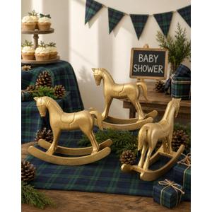 3 Pack Gold Wooden Rocking Horse Decor, 9.4 Inch Baby Shower Centerpieces