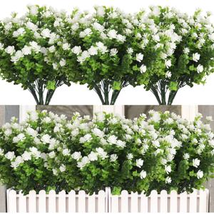 RECUTMS 12 Bundles Artificial Outdoor Plants, Artificial Greenery for Flower Arrangements Shrubs UV Resistant Faux Plastic Plants Spring Decorations for Home Front Porch Decor(White)