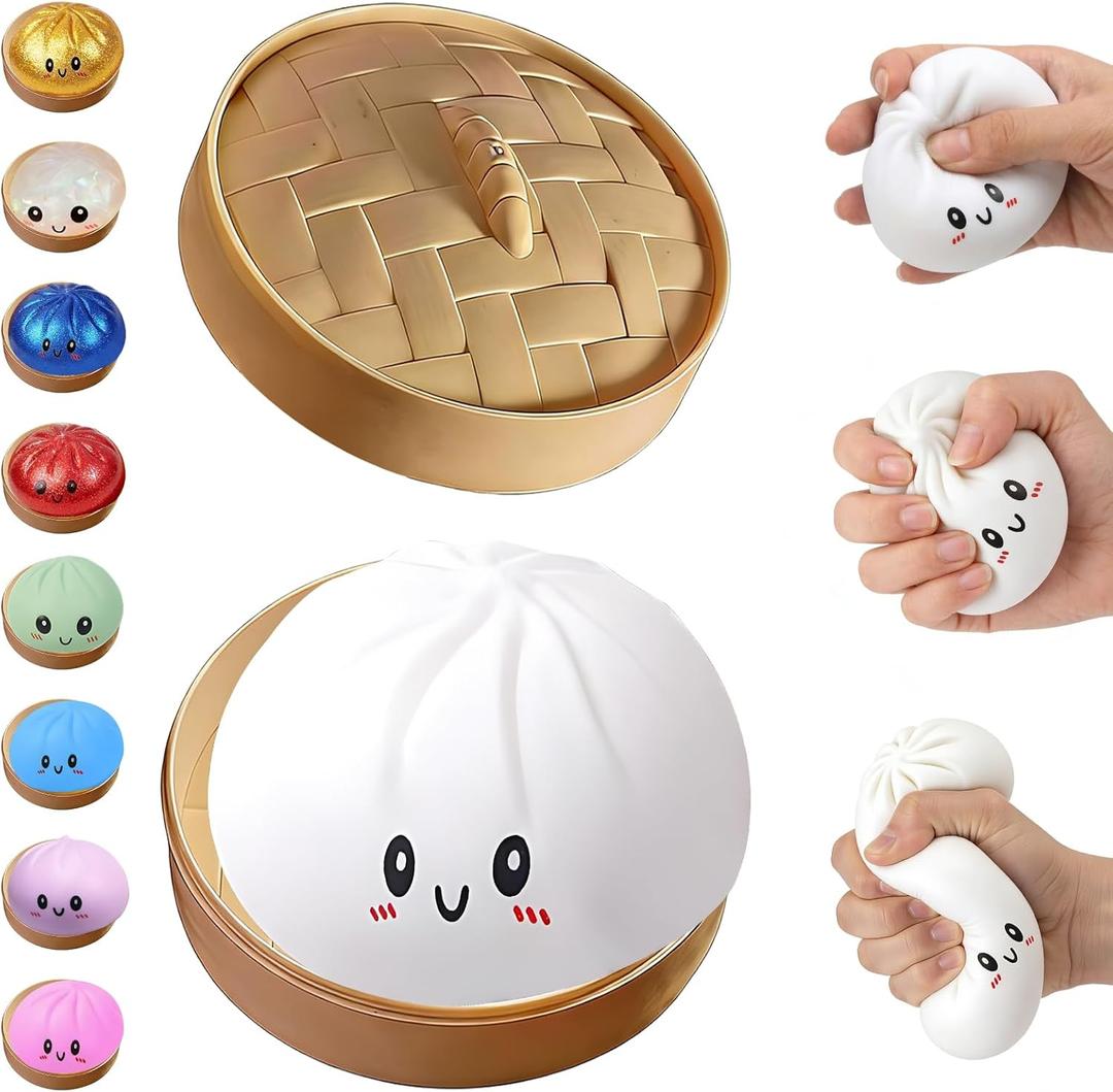 Glitter Dumpling Squishy,Dumpling Squishies,Glitter Dumpling Mystery Box,Colorful Dumpling Stress Balls Fidget,Jumbo Squishy Toy with Steamer Box,Soft Squeeze Decompression Dough (White)