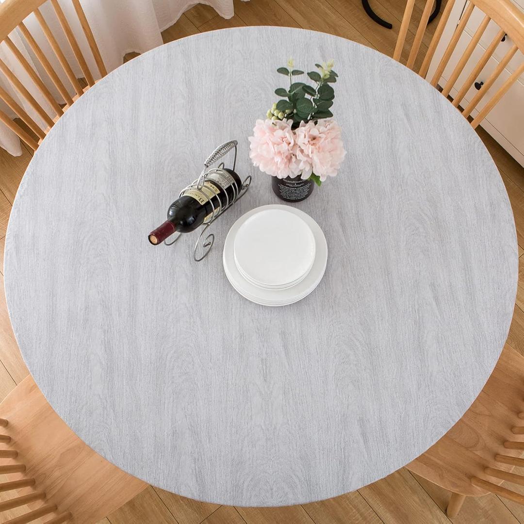LIBERECOO Round Vinyl Fitted Tablecloth with Flannel Backing Elastic Edge Table Cover Waterproof Stain-Resistant Wipeable Tablcloths Fits 45-56" Round Tables (Weather Gray Wood)