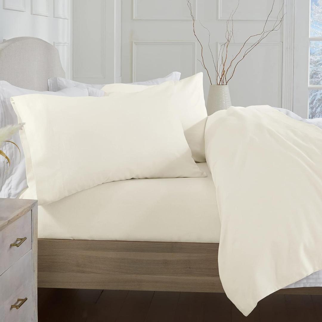 Market & Place 100% Turkish Cotton Flannel Sheet Set | 4 Piece Deep Pocket Solid Cozy Winter Bed Sheets | Double Brushed for Extra Softness & Comfort | Chalet Collection (Full, Ivory)