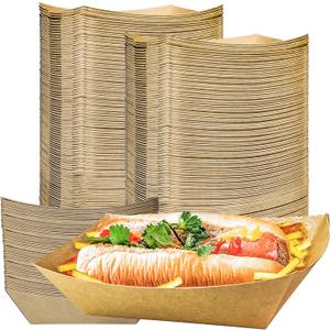 MotBach 100 Pack 3lb Kraft Paper Food Trays, Heavy-Duty Paper Food Boat Disposable Serving Basket Tray for French Fries Nachos Snack Hot Dog Taco BBQ Popcorn Party Picnic Wedding Party (Brown)