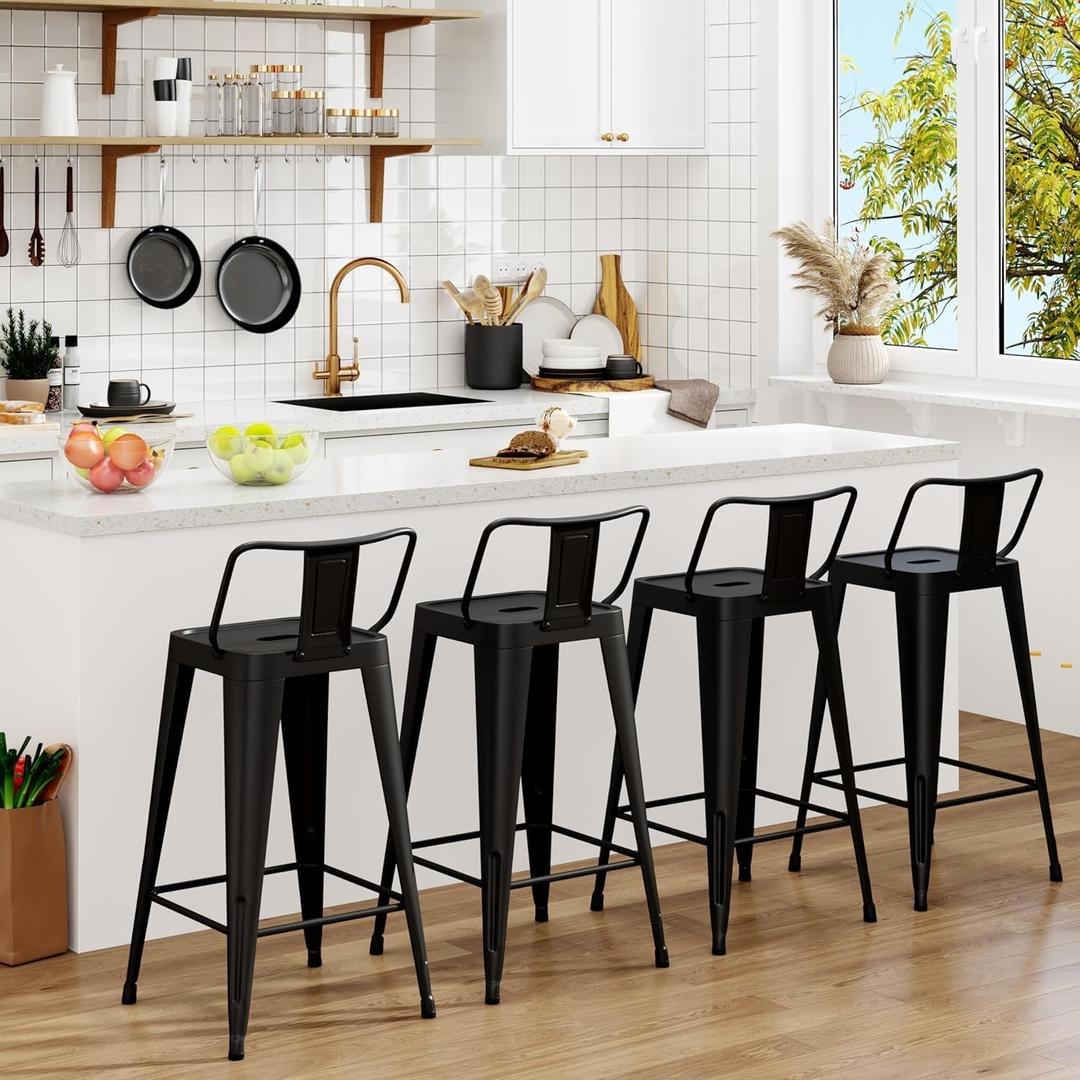 Metal Bar Stools Set of 4 Barstools Indoor/Outdoor Counter Height Bar Stools Bar Chairswith Back Counter Height for Kitchen Island Dining Room (Black, 26inch)