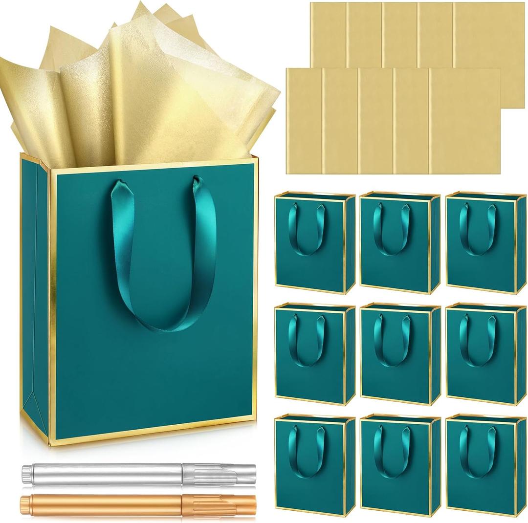 Yeaqee 10 Pack Metallic Paper Gift Bags with Handle Tissue Paper Thank You 5 Senses Gift Bag for Birthday Wedding Baby Shower Groomsmen Bridal Graduation Party Favor 9 x 7 x 3.15''(Turquoise,Gold)