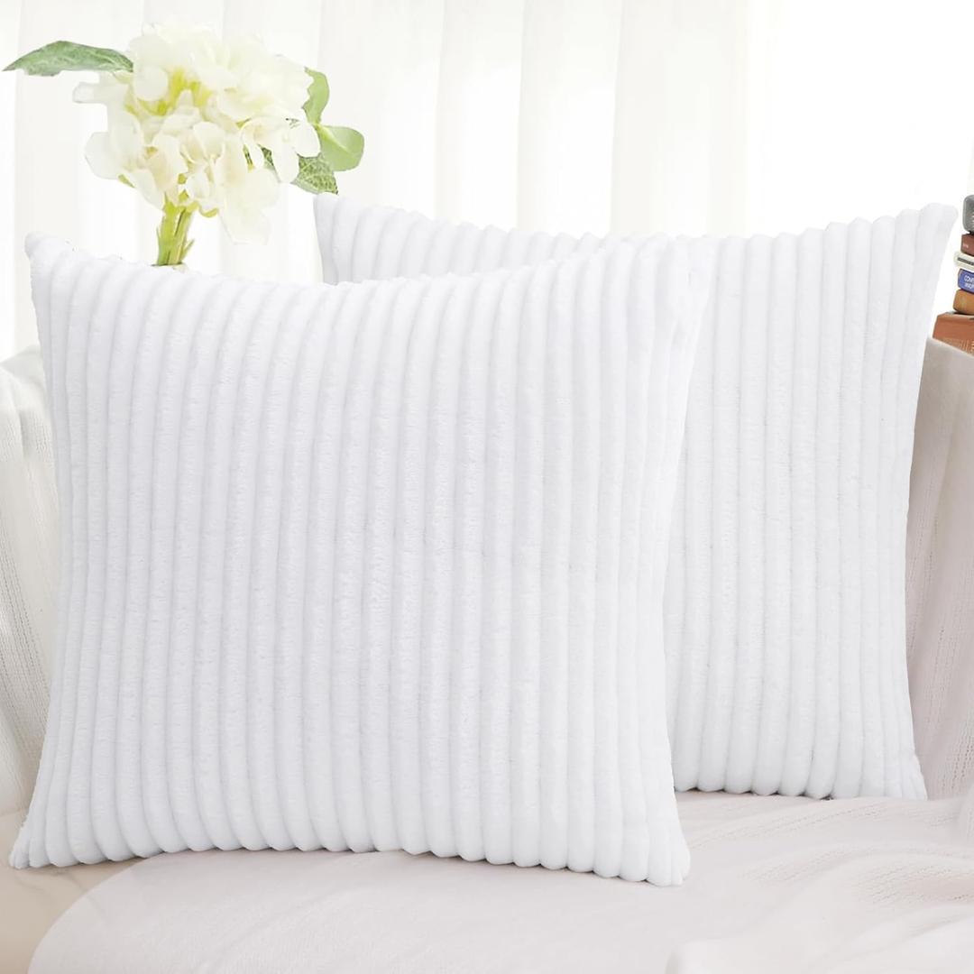Simmore Decorative Throw Pillow Covers 18x18 Set of 2, Soft Natural Plush Flannel Double-Sided Fluffy Couch Pillow Covers for Sofa Living Room Home Decor, White