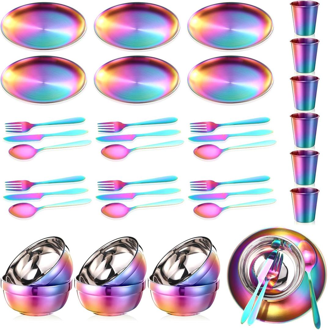 Honeydak 36 Pcs Stainless Steel Utensils Camping Tableware Kit Include Set of 6 Plate Bowl Cups Spoons Forks Knives Flatware Set for Backpacking Camping Hiking and Picnic (Rainbow Color)