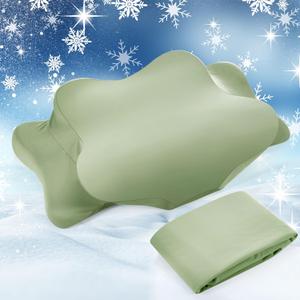 Hahafelt Cooling Cervical Neck Pillowcase Cover (Only Pillow Case) Ergonomic Pillowcase with Zipper Breathable Contour Pillow Cover for Side Back Stomach Sleepers(Saga Green,Queen Size)