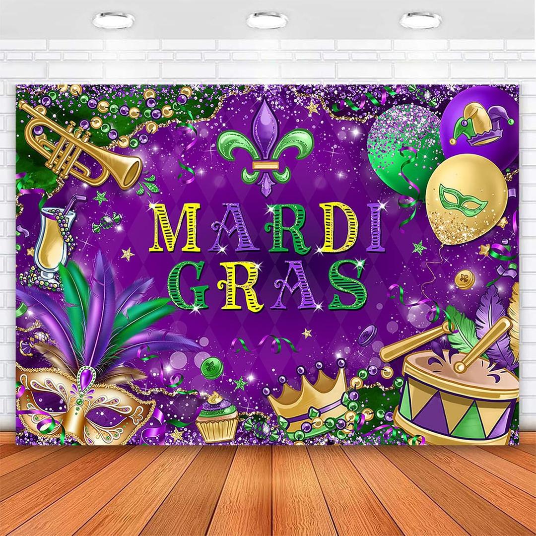 Avezano 7x5 ft Mardi Gras Backdrop Mardi Gras Carnival Party Decorations Purple Gold Mask Masquerade Themed Party Photography Background Banner