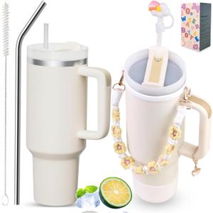 40 oz Tumbler Insulated Mug w/Straw & Flip Cap Lids - Cup Holder Bottle with 6 Accessories Set for Hot, Cold Drink - Leak-Proof - Water, Coffee Portable Travel Mug (Cream)