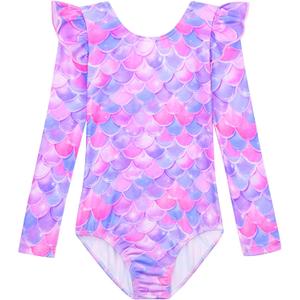Long Sleeve Leotards for Girls with Ruffle 4D Stretch Ballet Dance Gymnastics Tumbling Wear Size 3-10T (7-8 Years, Purple Pink)