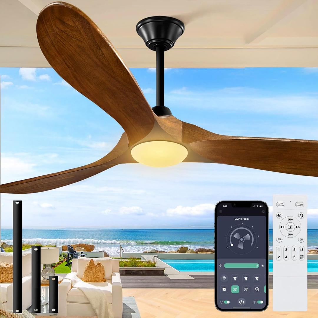 Outdoor Ceiling Fan with Light-Glass Lamp, 52 inch 3 Blade Wood Propeller Ceiling Fans with Lights and Remote Control for Patios, Exterior Damp Rated High CFM Ceiling Fans Modern Smart APP, Walnut