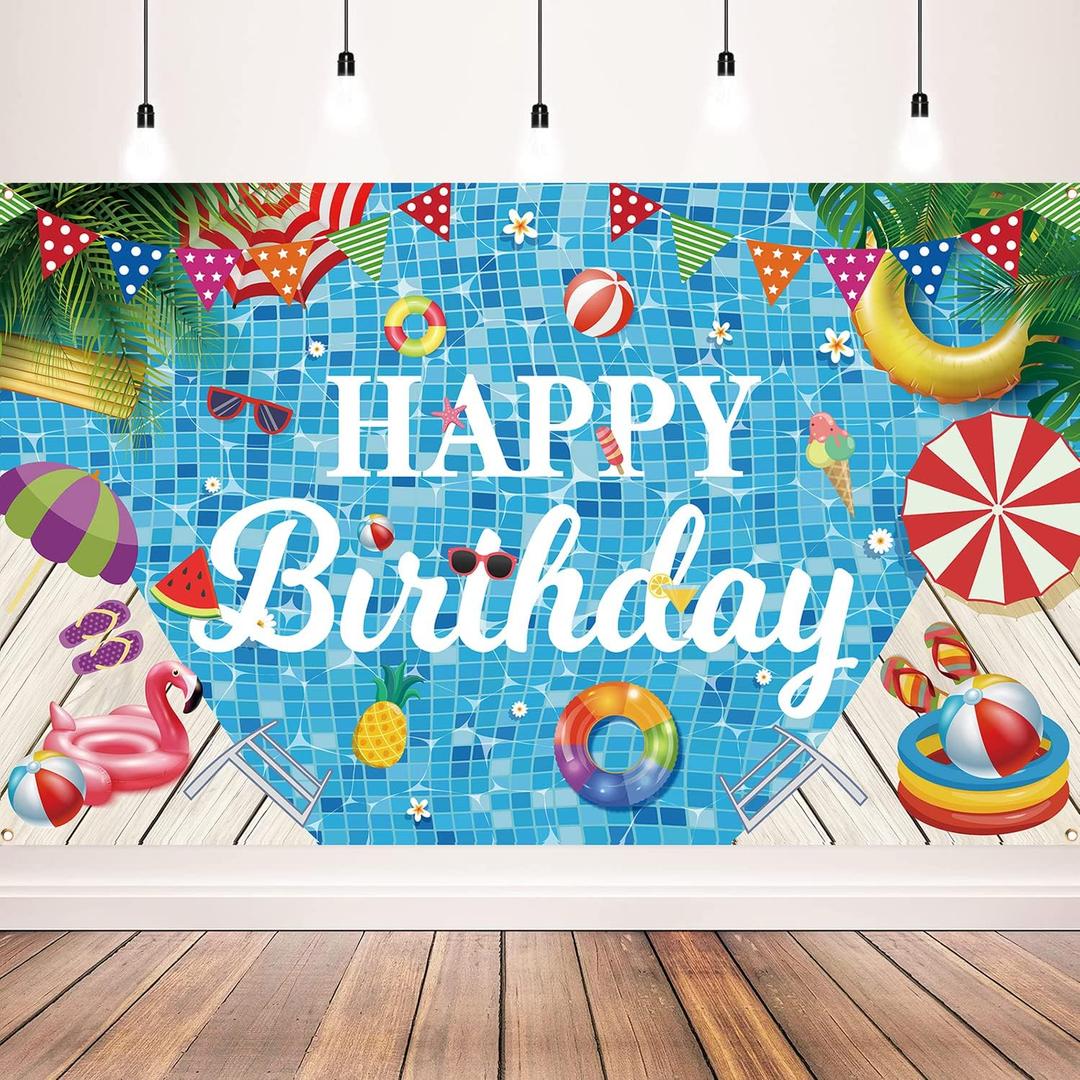 Pool Birthday Party Decorations, Happy Birthday Banner, Pool Party Backdrop for Birthday Party, Summer Party Decorations for Birthday, 72x43 inch