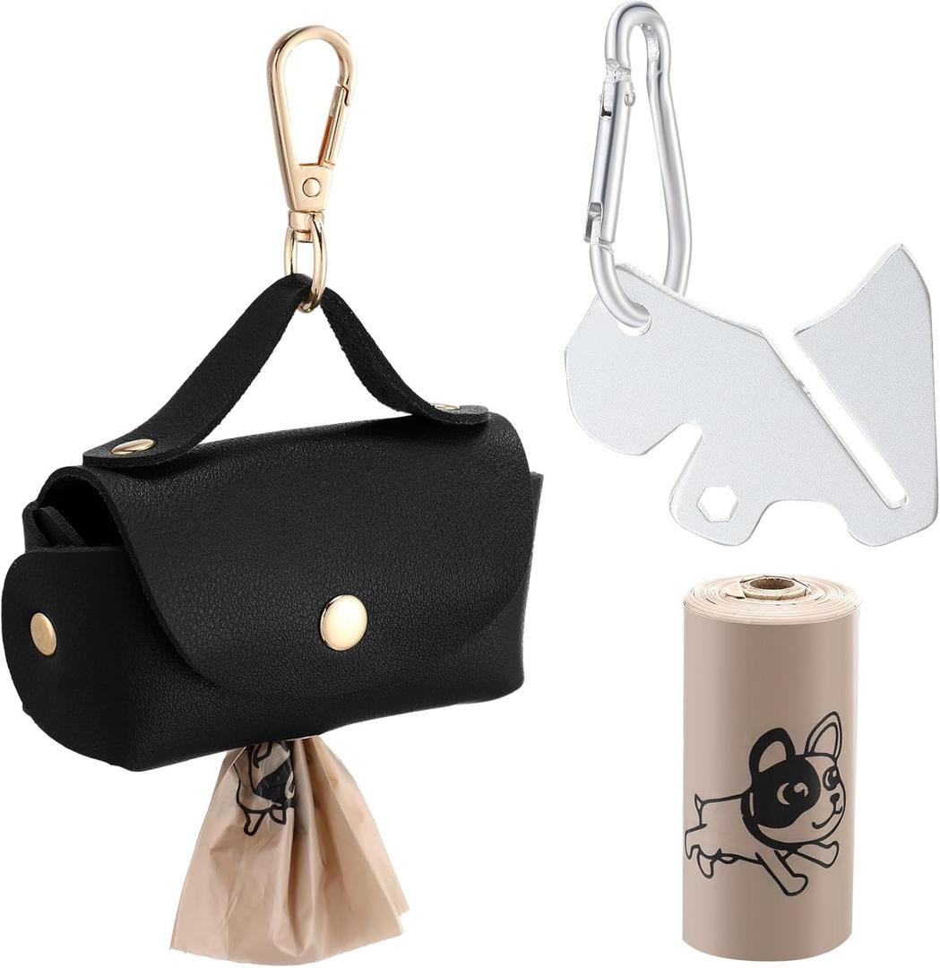Affrolling 5 Pcs Leather Dog Poop Bag Holder Christmas Include 45 Scented Poop Bags Dispenser Cute for Travel Walking Dog Park and Outdoor Use(Black)