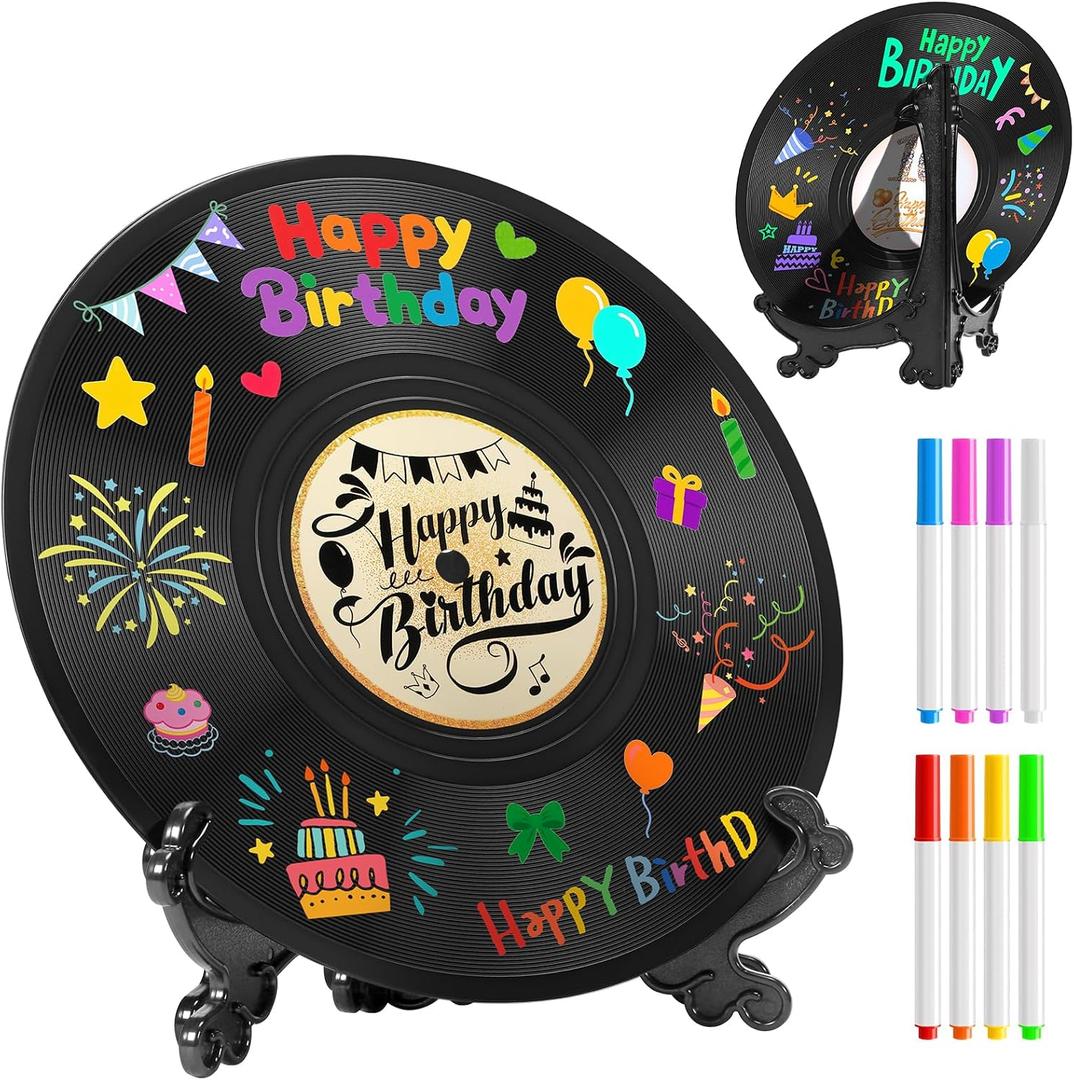 Vinyl Record Birthday Decoration Set–Unique Guestbook Alternative for Birthday Parties, Includes 8 Pens, 2 Sticker Designs, Plastic Stand, and Customizable Decoration for Music Lovers