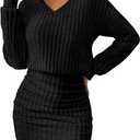 Oakgarden Women's Pullover Sweater Dress Long Lantern Sleeve Ribbed Knit V Neck Ruched Bodycon Mini Dress 2025 Fashion (Large, Black)
