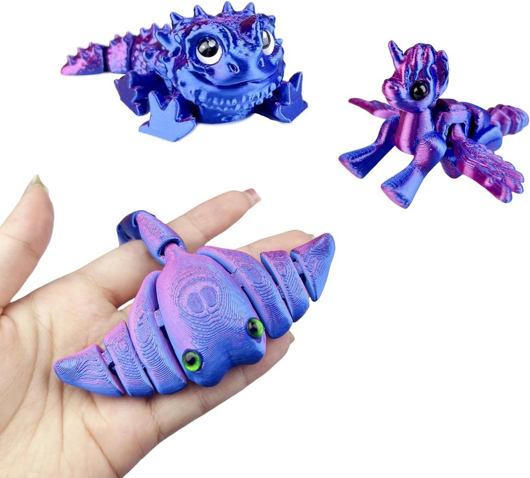 3Pcs 3D Printed Animals - Articulated Toys, Movable Joints, Stress Relief Toys, Desktop Home Office Decorations, Birthday, Halloween, (Dragon, Stingray, Pony) (Purple)