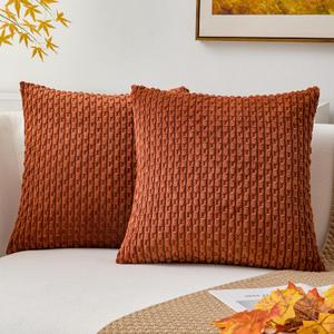 Kevin Textile Fall Throw Pillow Covers Soft Corduroy Decorative Set of 2 Boho Striped Pillow Covers Pillowcases Farmhouse Home Decor for Couch Bed Sofa Living Room 18x18 Inch Rust Brown