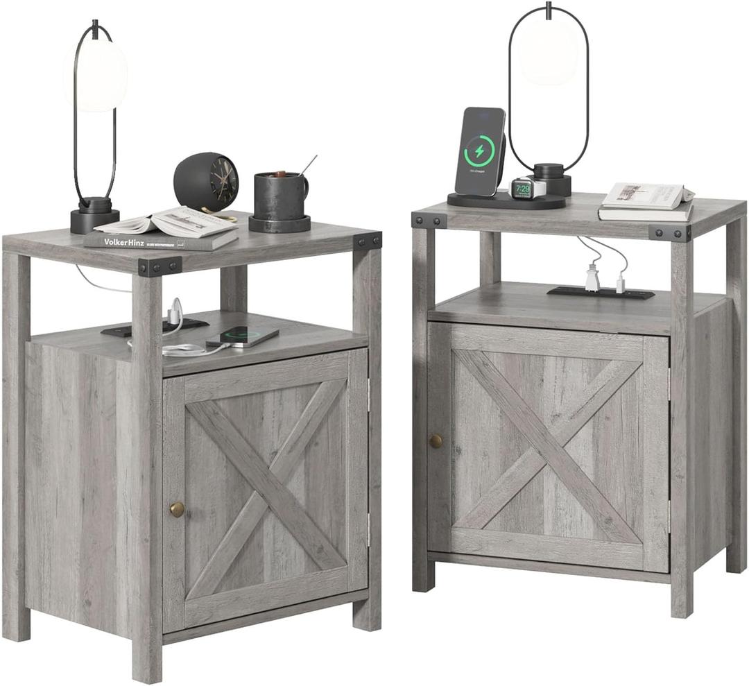 Fameill Nightstands Set of 2, Night Stand with Charging Station, Bed Side Table with Storage Cabinet, Farmhouse End Table for Living Room with USB Ports and Outlets, Gray, 15.75"D x 13.78"W x 23.62"H